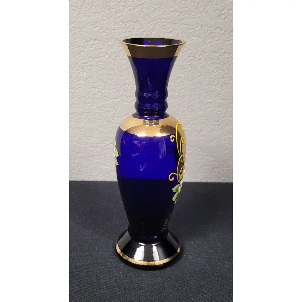 VTG 1960S Norleans Japan Cobalt Blue Art Glass Vase Gold Gilt Raised Floral 8